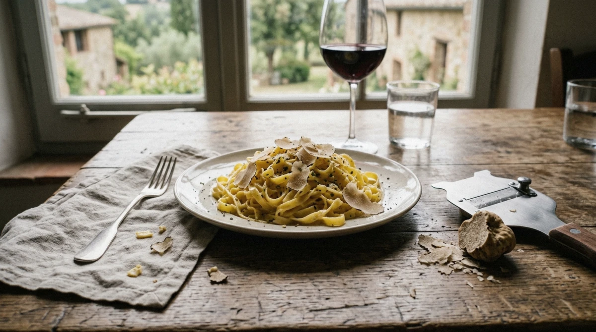 Fresh tagliolini with shaved white truffle, the lunch that ends many truffle hunting in Tuscany experiences