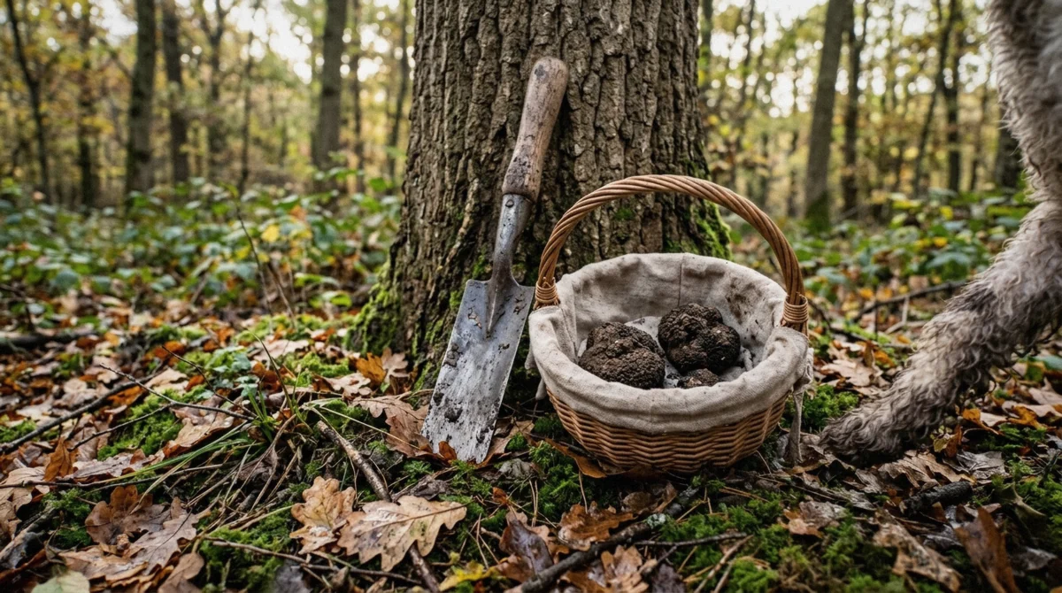 A truffle hunter spade and a basket of black truffles under an oak on a truffle hunting in Tuscany morning